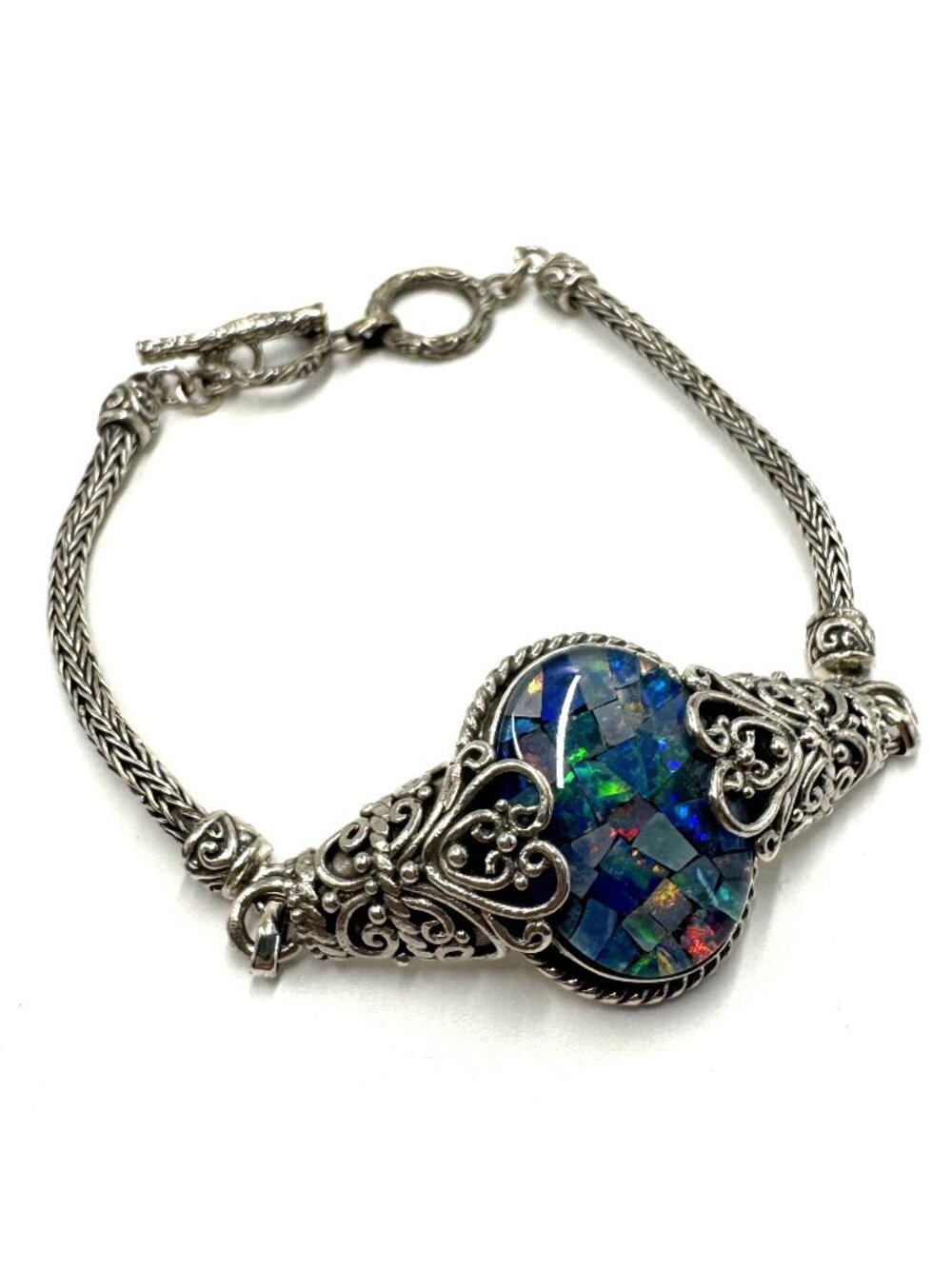 Sterling Silver 925 Blue Opal Scroll Design Chain Bracelet Size 7.5" Length